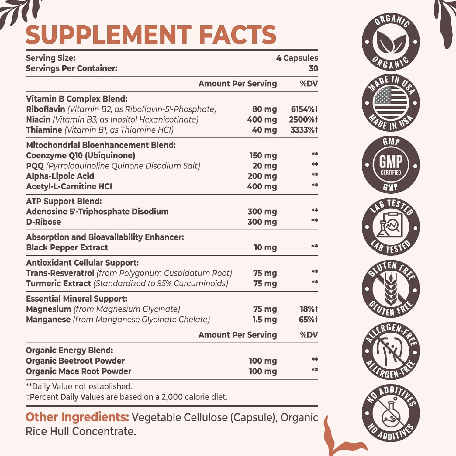 Organic Resciency 2326 MG Mitochondrial Supplements for Energy, Strength, and Recovery - 120 Capsules with ATP, Vitamins, CoQ10, and PQQ