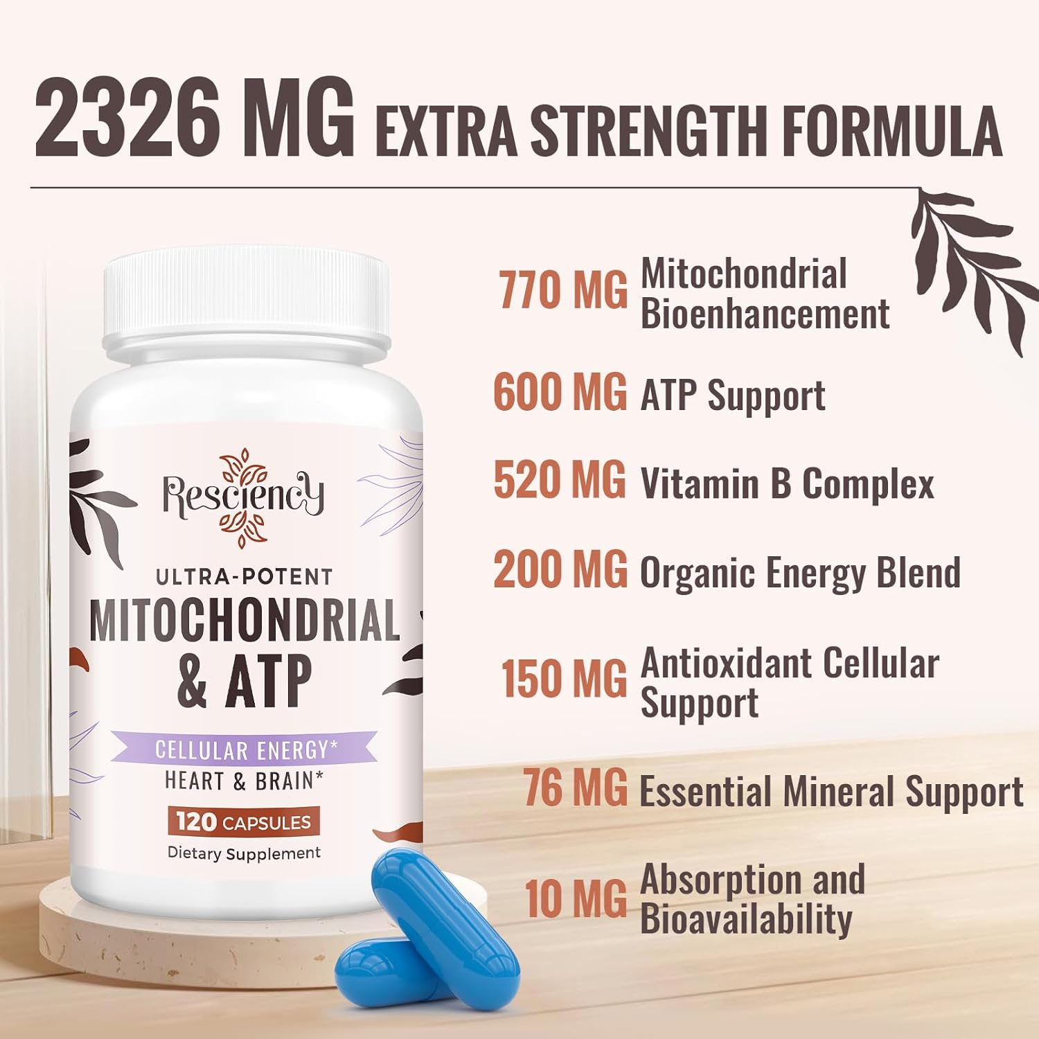 Organic Resciency 2326 MG Mitochondrial Supplements for Energy, Strength, and Recovery - 120 Capsules with ATP, Vitamins, CoQ10, and PQQ