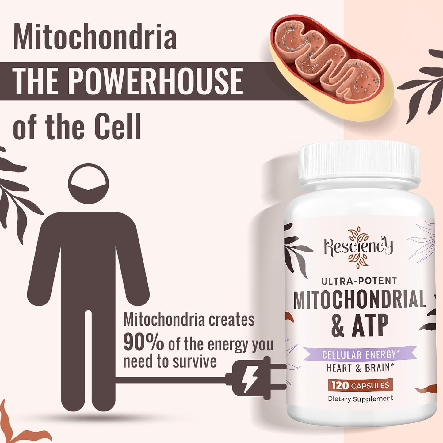 Organic Resciency 2326 MG Mitochondrial Supplements for Energy, Strength, and Recovery - 120 Capsules with ATP, Vitamins, CoQ10, and PQQ