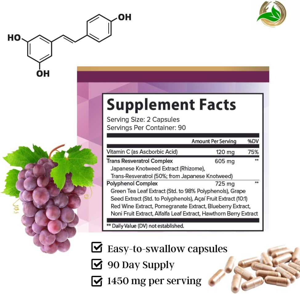 Organic Resveratrol 1450mg Extra Strength Formula for Skin & Immunity - Green Tea, Grape Seed, Red Wine Extract - 90 Day Supply