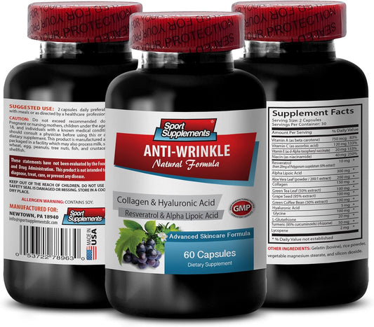 Organic Resveratrol 250 Supplement for Women - Anti-Wrinkle Pills with Collagen and Aloe Vera - Hyaluronic Acid Vitamins - 60 Caps