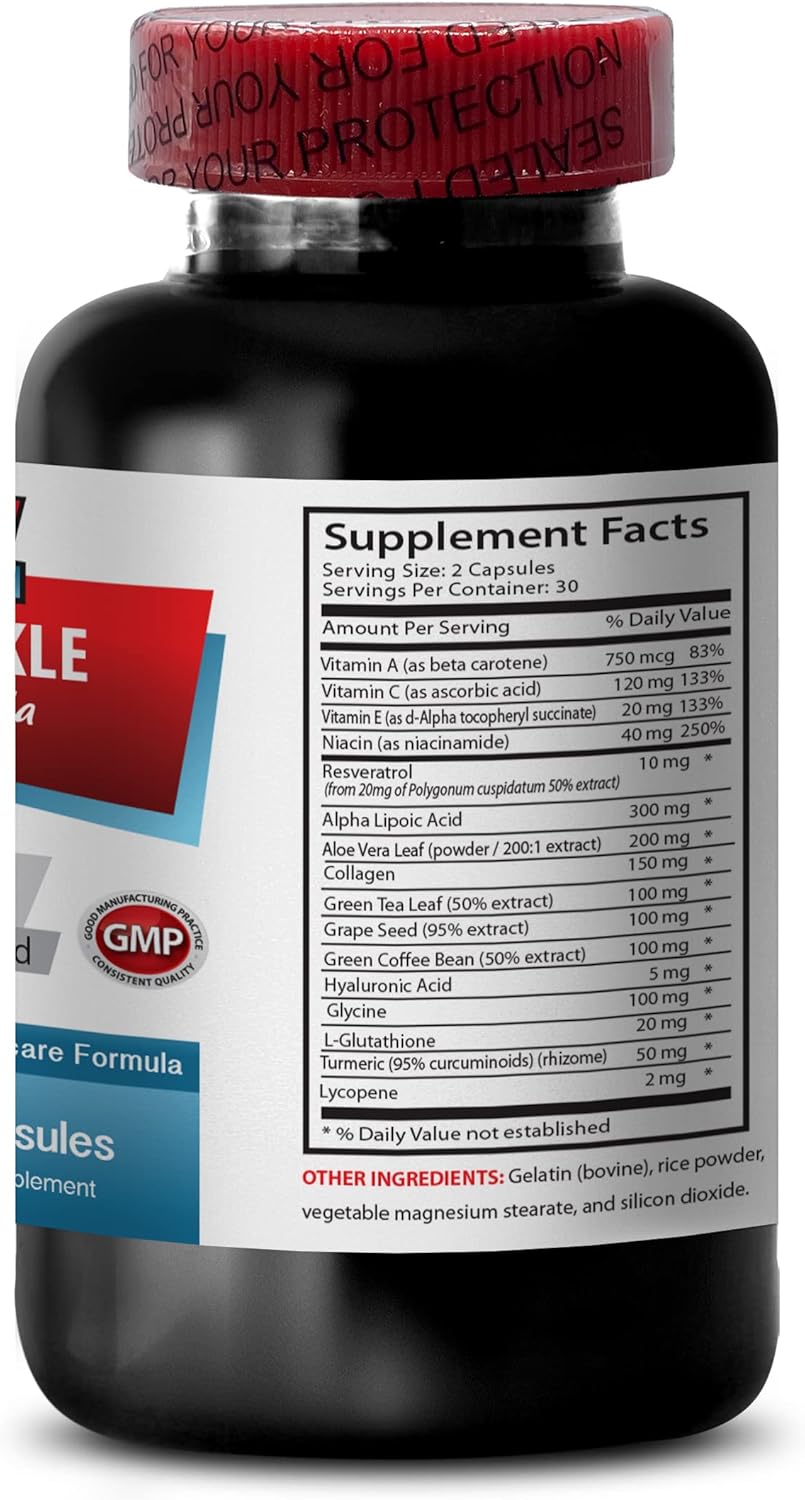 Organic Resveratrol 250 Supplement for Women - Anti-Wrinkle Pills with Collagen and Aloe Vera - Hyaluronic Acid Vitamins - 60 Caps