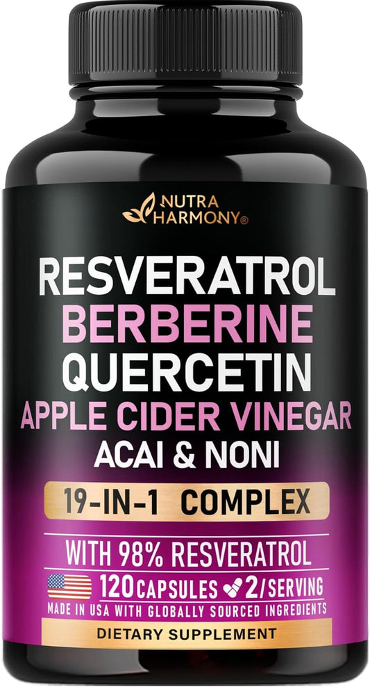Organic Resveratrol Supplement with 19 Polyphenols for Heart Health - Noni, Berberine, Quercetin, Apple Cider Vinegar, Acai - 120 Capsules - Antioxidant Support - Made in USA
