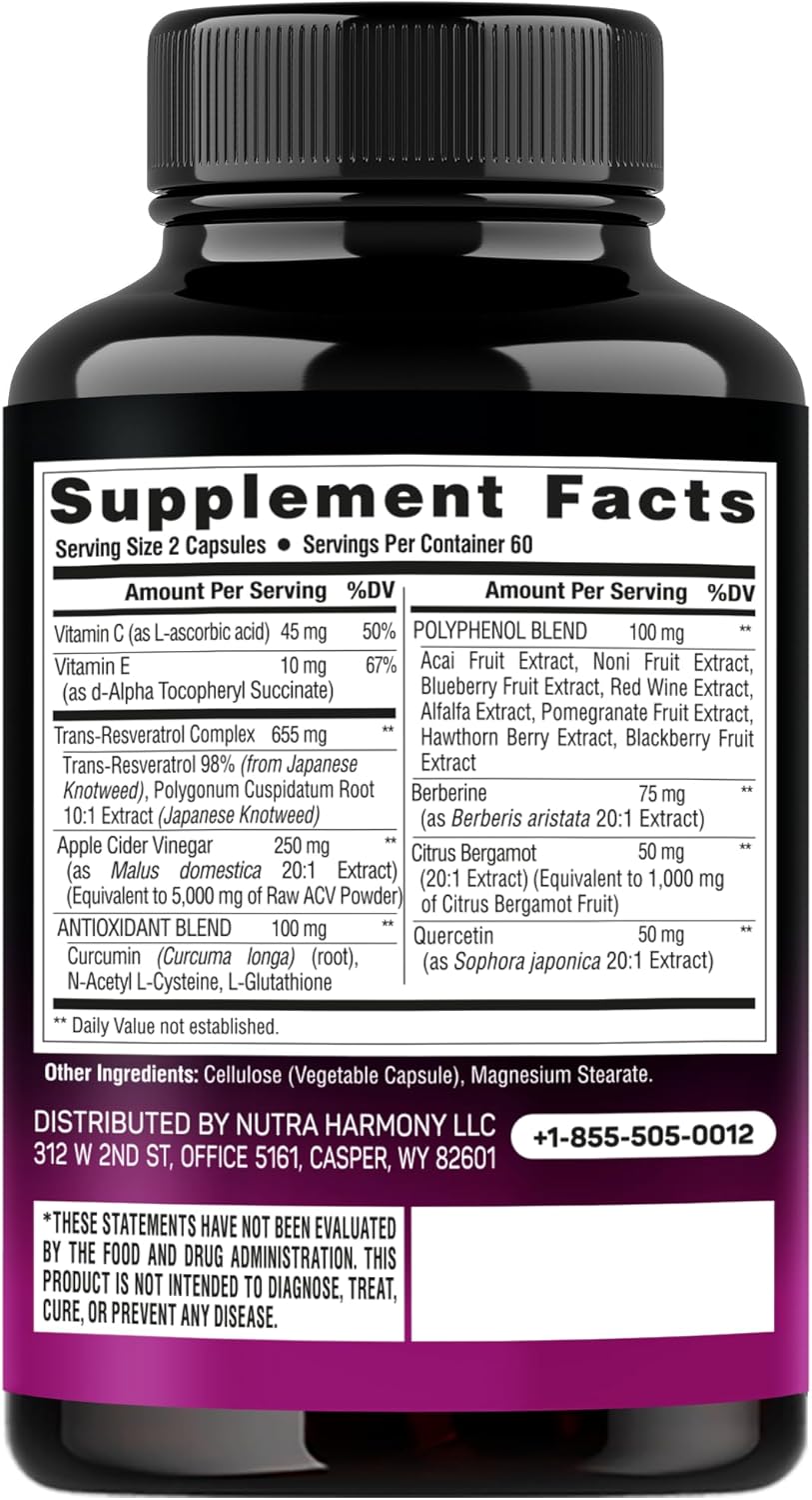 Organic Resveratrol Supplement with 19 Polyphenols for Heart Health - Noni, Berberine, Quercetin, Apple Cider Vinegar, Acai - 120 Capsules - Antioxidant Support - Made in USA