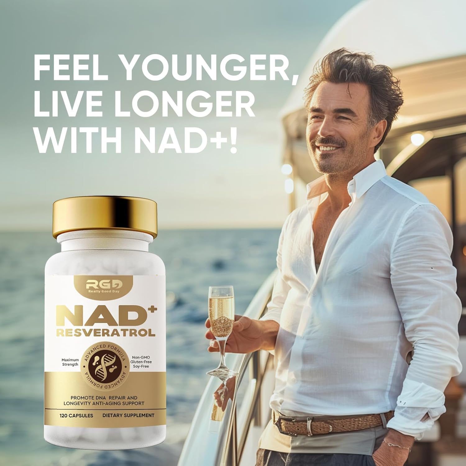 Organic RGD NAD Resveratrol Supplement - 120 Capsules of 1000mg Nicotinamide Riboside for Anti Aging, Energy, and DNA Repair