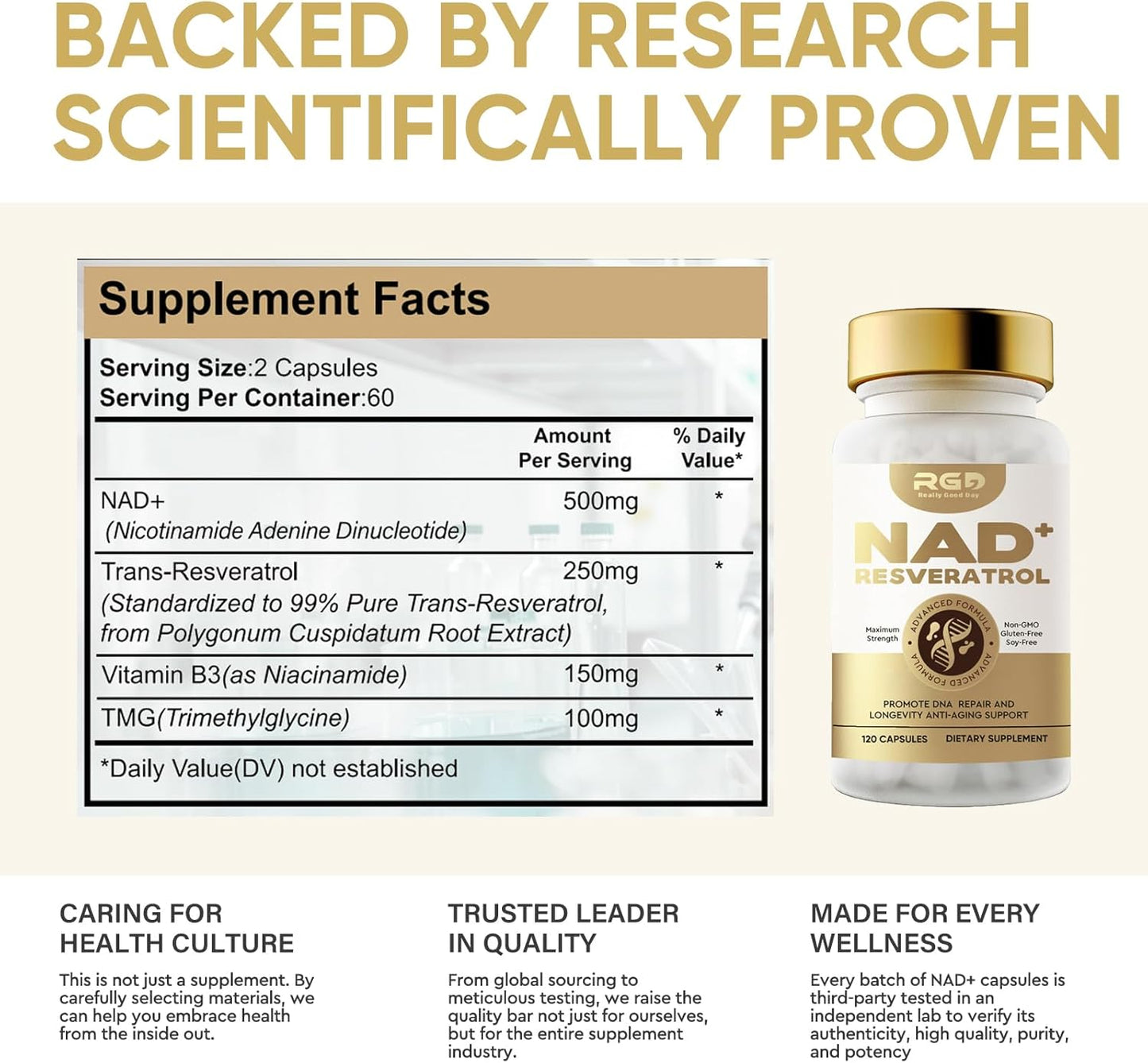 Organic RGD NAD Resveratrol Supplement - 120 Capsules of 1000mg Nicotinamide Riboside for Anti Aging, Energy, and DNA Repair