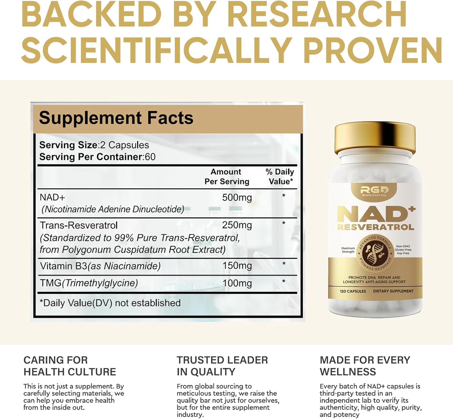 Organic RGD NAD Resveratrol Supplement - 120 Capsules of 1000mg Nicotinamide Riboside for Anti Aging, Energy, and DNA Repair