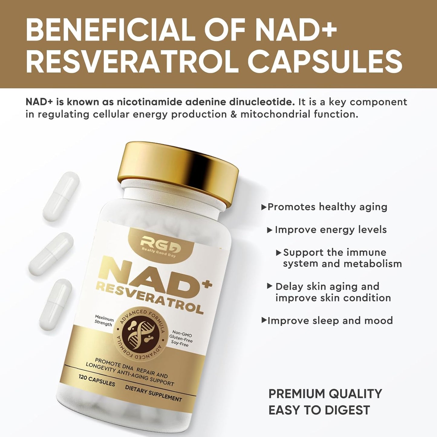 Organic RGD NAD Resveratrol Supplement - 120 Capsules of 1000mg Nicotinamide Riboside for Anti Aging, Energy, and DNA Repair