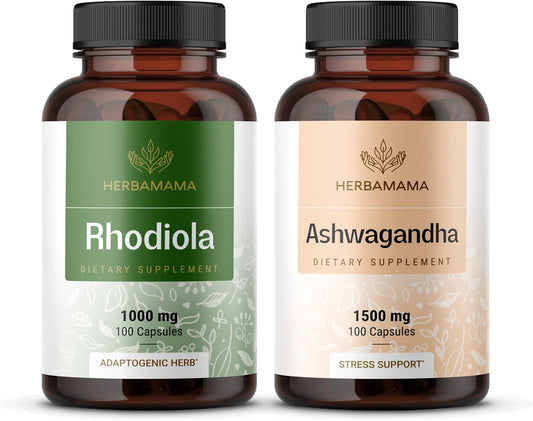 Organic Rhodiola Rosea and Ashwagandha Capsules Kit - 2500 mg Bundle - Vegan, Non-GMO, Gelatin-Free - 2 Pack