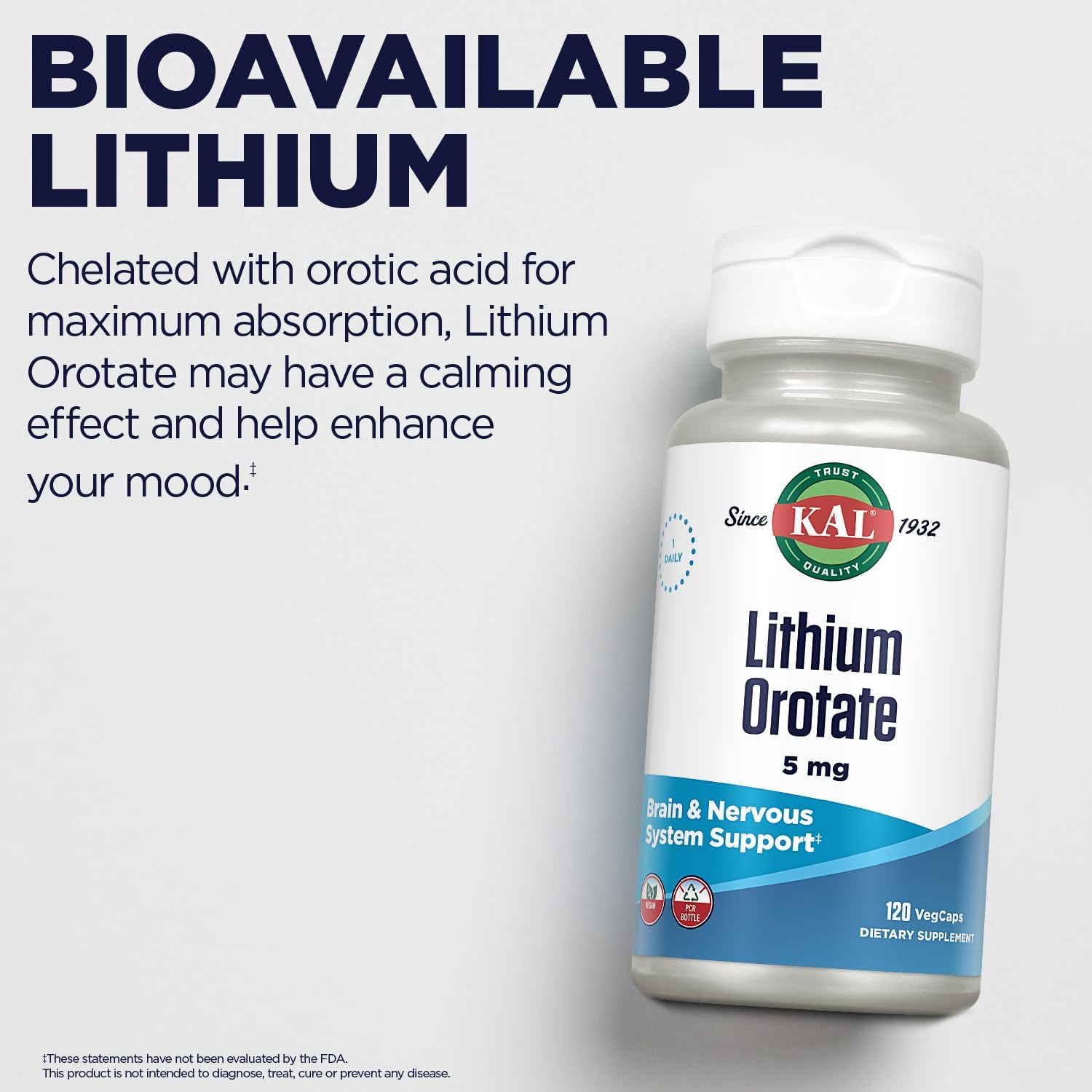 Organic Rice Bran Extract Lithium Orotate Capsules - 120 VegCaps | 5mg Low Dose for Mood Support & Bioavailability