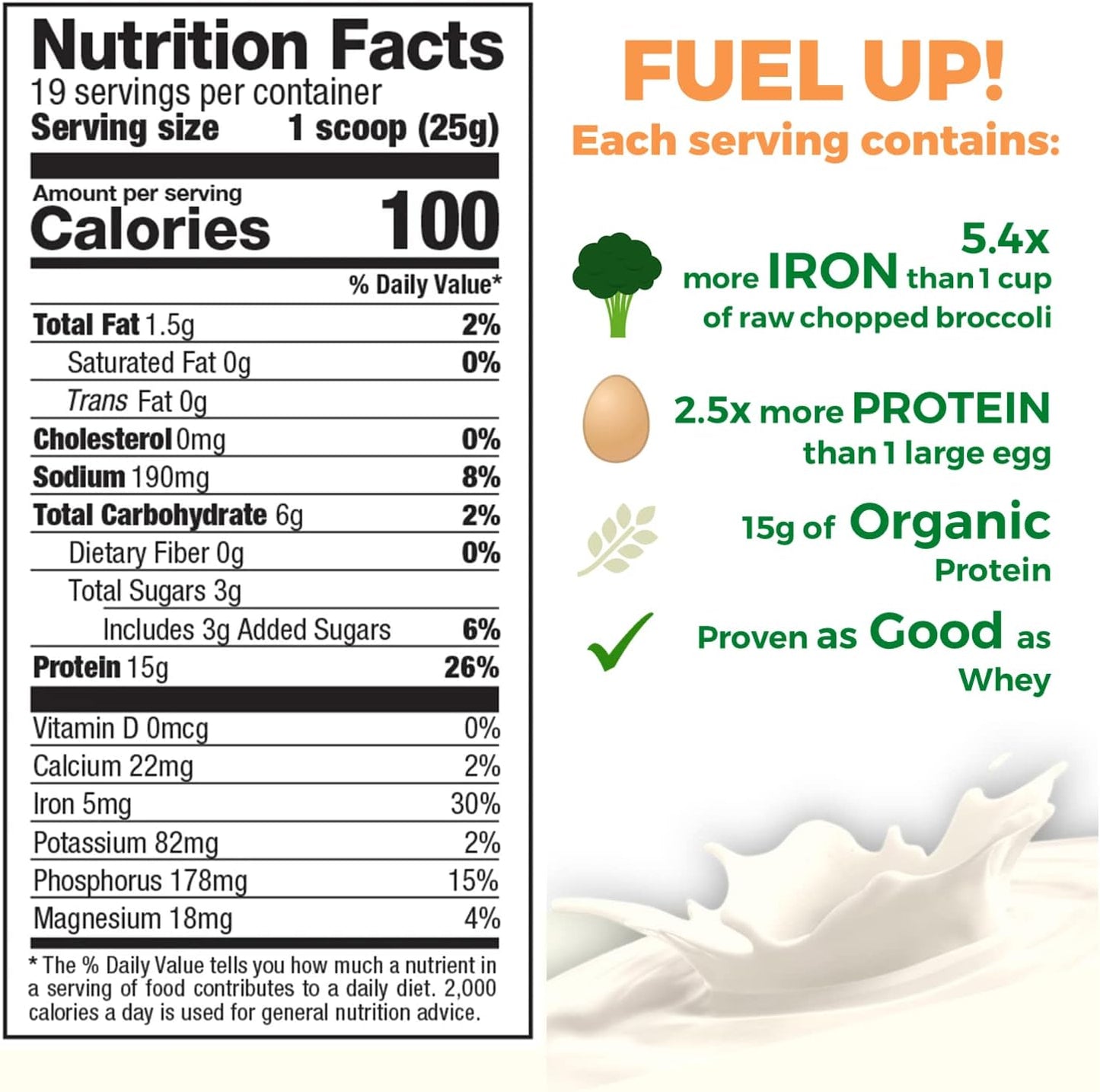 Organic Rice Protein Powder - Vanilla Blast Flavor - 15g Plant Protein, 2.8g BCAA - Low-Carb, Low-Sugar, Non-GMO - 16.4oz (1 Pack)