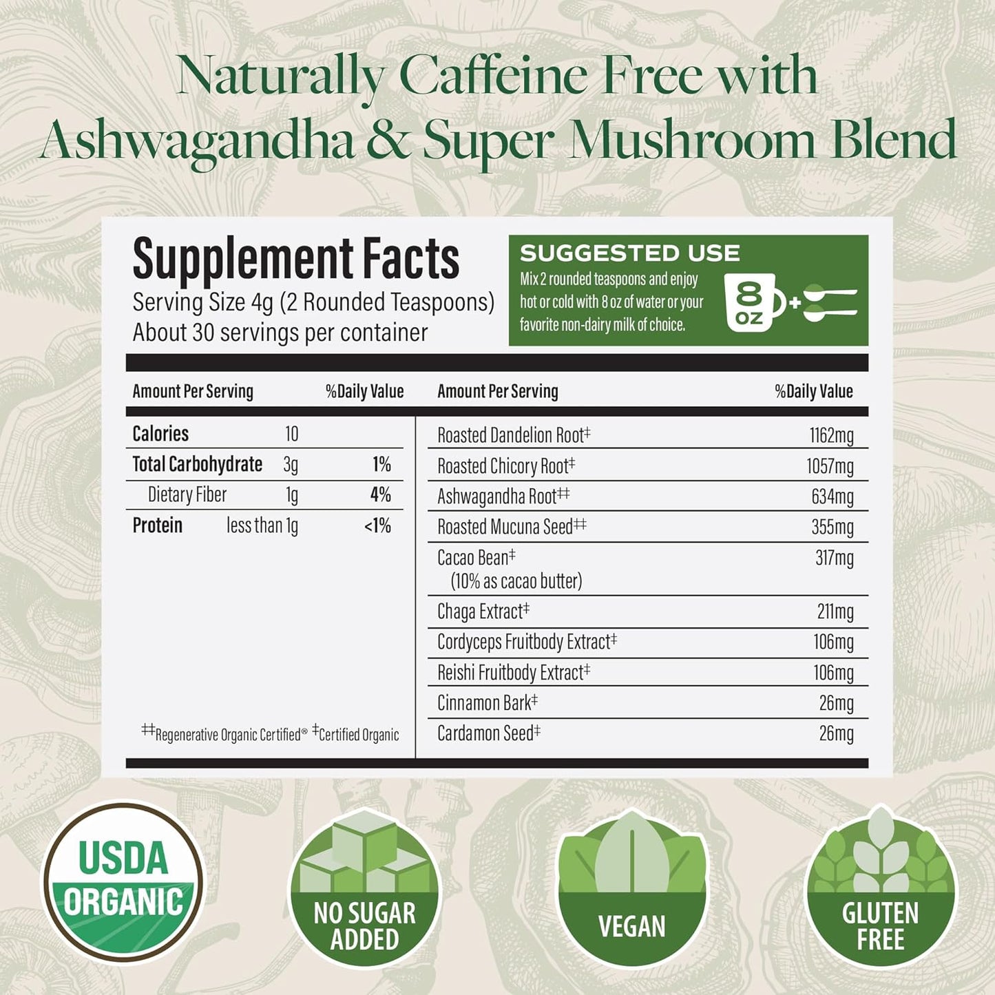 Organic Roasted Chicory & Dandelion Root Coffee Alternative for Energy & Gut Health
