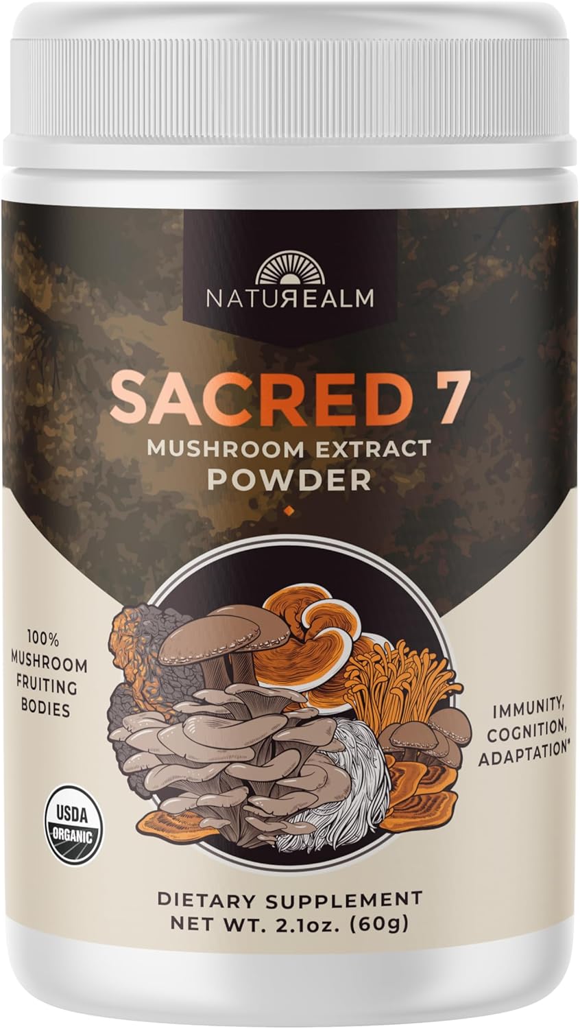 Organic Sacred 7 Mushroom Powder Supplement - Boost Immunity and Focus - Vegan, Non-GMO - Lion’s Mane, Cordyceps, Reishi, Chaga, Maitake, Shiitake - 60-Day Supply of Fruiting Bodies