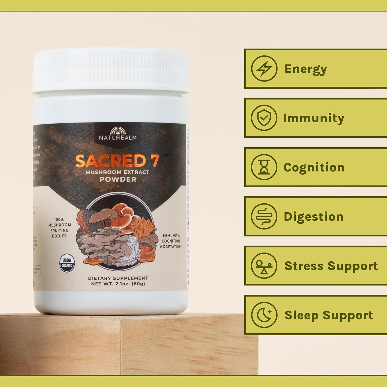 Organic Sacred 7 Mushroom Powder Supplement - Boost Immunity and Focus - Vegan, Non-GMO - Lion’s Mane, Cordyceps, Reishi, Chaga, Maitake, Shiitake - 60-Day Supply of Fruiting Bodies