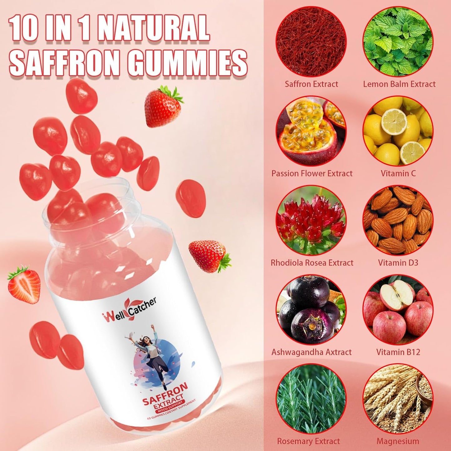 Organic Saffron Gummies for Mood Balance & Sleep Support - Sugar-Free Supplement with Vitamins - Non GMO Strawberry Flavor - 30 Day Supply for Adults & Kids
