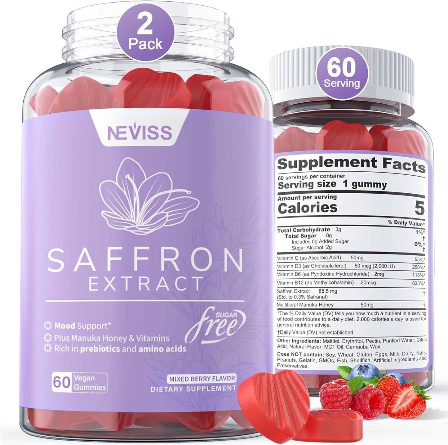Organic Saffron Supplement Gummies with Vitamin B6, B12, D3, C - Sugar Free Saffron Extract Gummies for Mood & Power - Vegan, Mixed Berry Flavor - 120 Count