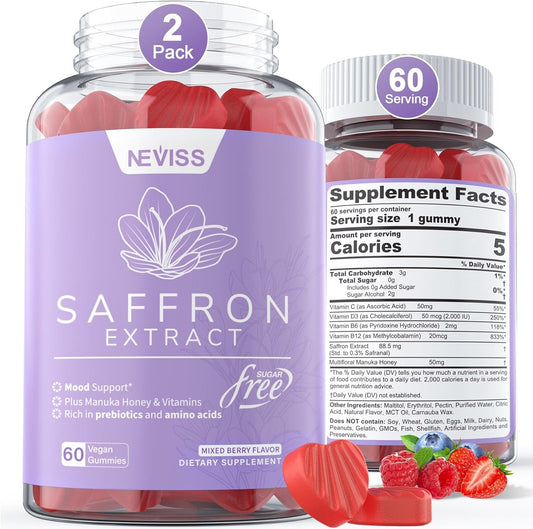 Organic Saffron Supplement Gummies with Vitamin B6, B12, D3, C - Sugar Free Saffron Extract Gummies for Mood & Power - Vegan, Mixed Berry Flavor - 120 Count