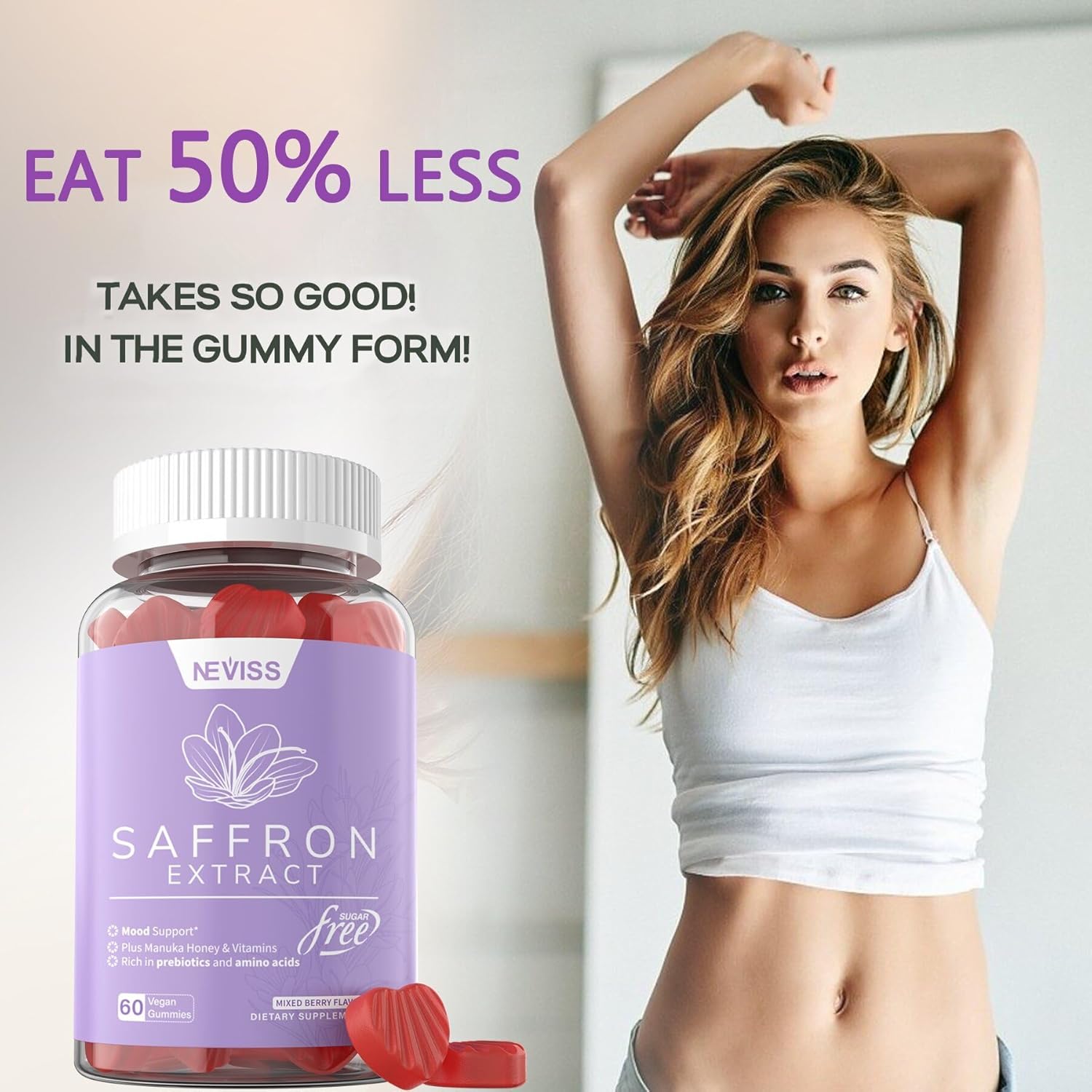 Organic Saffron Supplement Gummies with Vitamin B6, B12, D3, C - Sugar Free Saffron Extract Gummies for Mood & Power - Vegan, Mixed Berry Flavor - 120 Count
