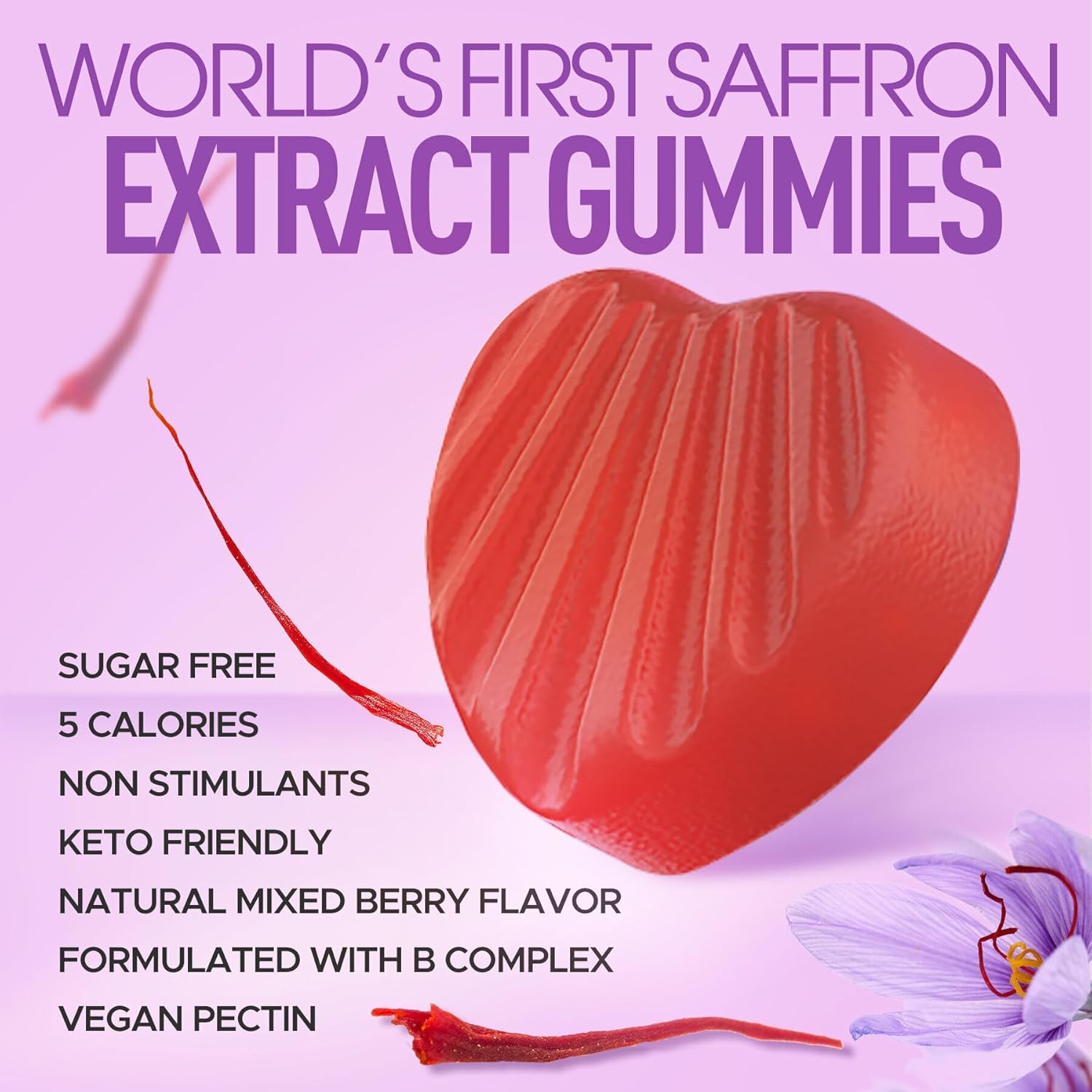 Organic Saffron Supplement Gummies with Vitamin B6, B12, D3, C - Sugar Free Saffron Extract Gummies for Mood & Power - Vegan, Mixed Berry Flavor - 120 Count