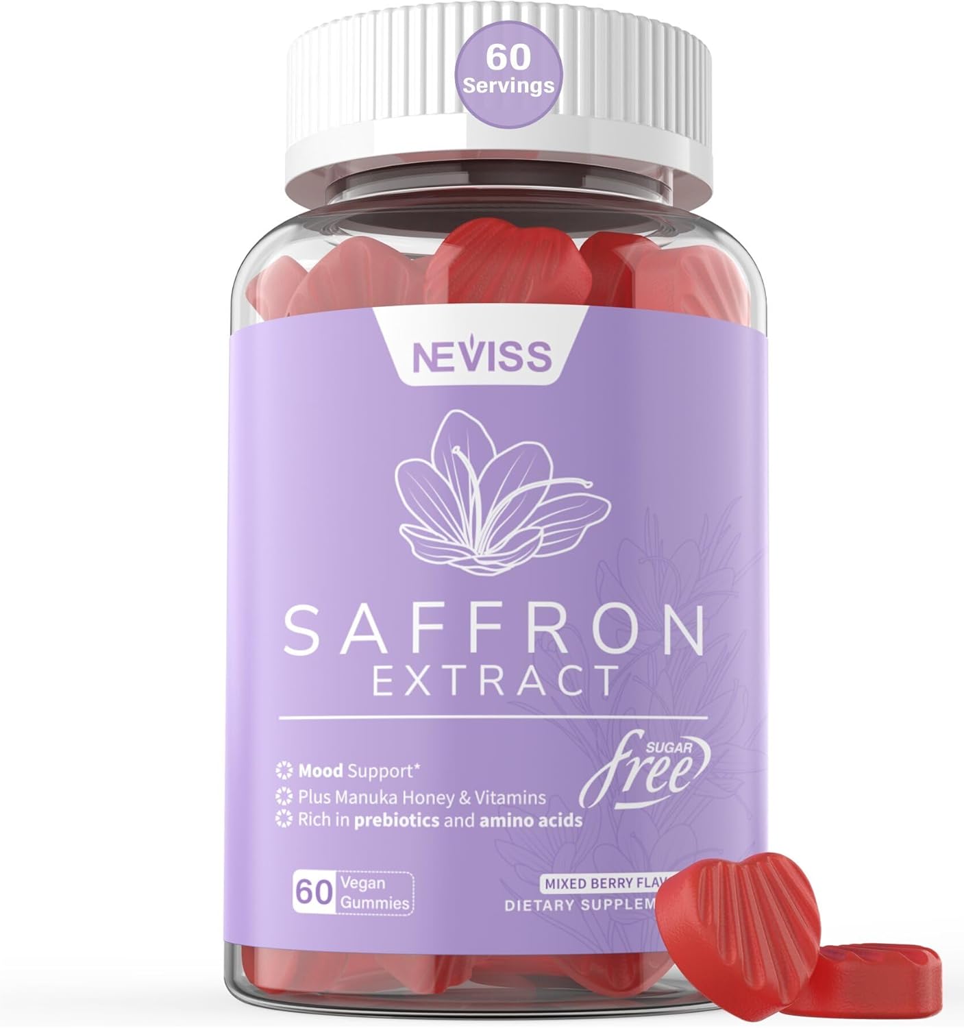 Organic Saffron Supplement Gummies with Vitamins B6, B12, D3, C - Mood & Power Support - Vegan Mixed Berry Flavor - 60Cts