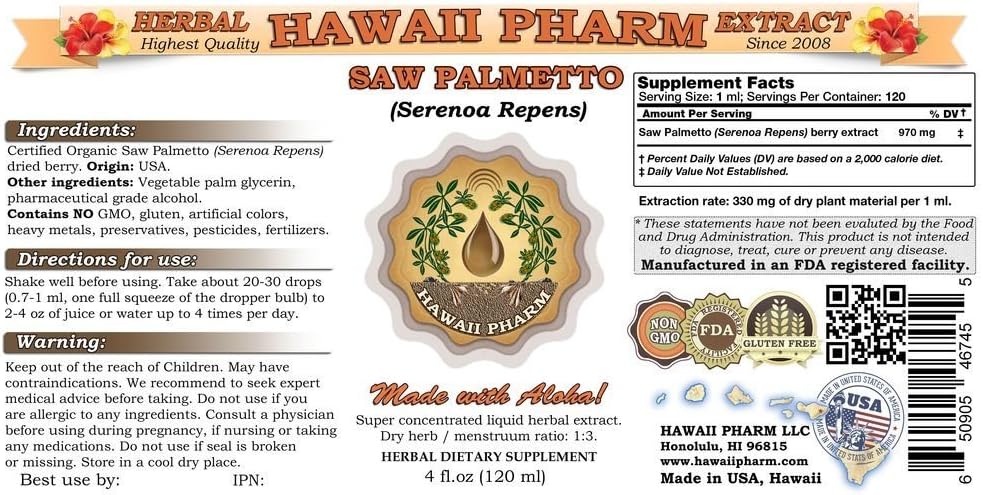 Organic Saw Palmetto Liquid Extract Tincture - Herbal Supplement, Hawaii Pharm, Made in USA - 64 fl.oz