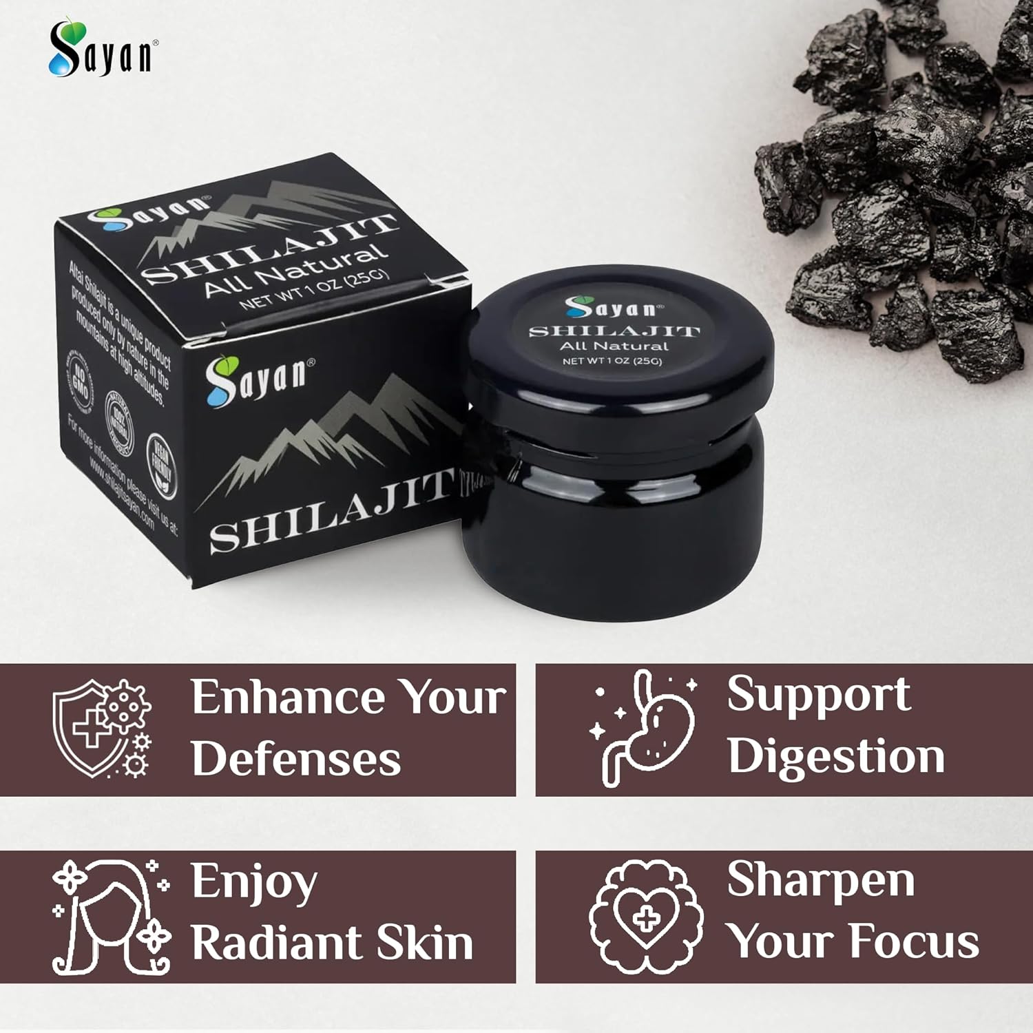 Organic Sayan Shilajit Resin 1oz Glass Jar - Potent Fulvic Acid Supplement for Immune Support, Memory, Focus, Energy, and Detox - Vegan, Non-GMO - 250 Servings