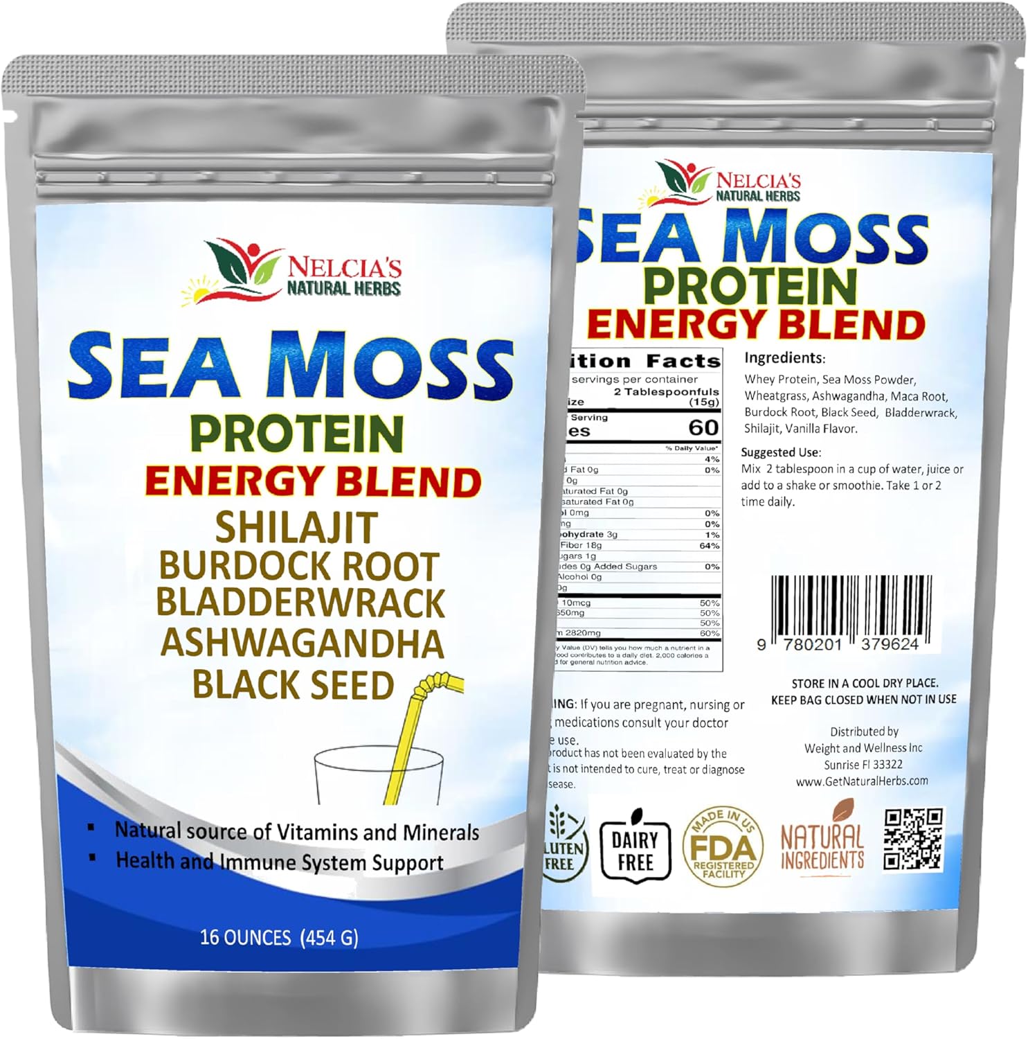 Organic Sea Moss Ashwagandha Protein Powder with Bladderwrack and Burdock Root, Black Seed, Shilajit - 16oz
