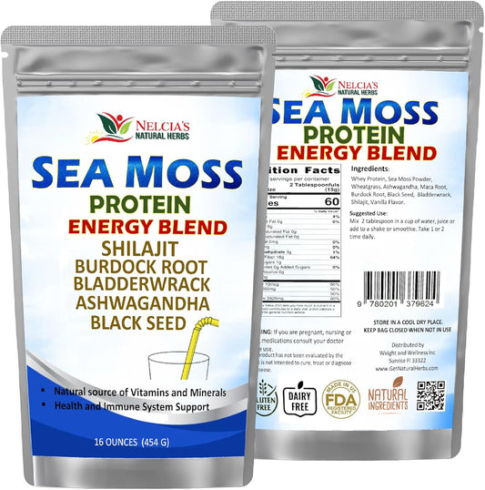 Organic Sea Moss Ashwagandha Protein Powder with Bladderwrack and Burdock Root, Black Seed, Shilajit - 16oz