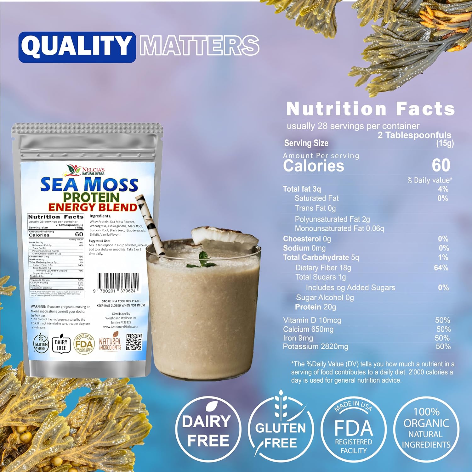 Organic Sea Moss Ashwagandha Protein Powder with Bladderwrack and Burdock Root, Black Seed, Shilajit - 16oz