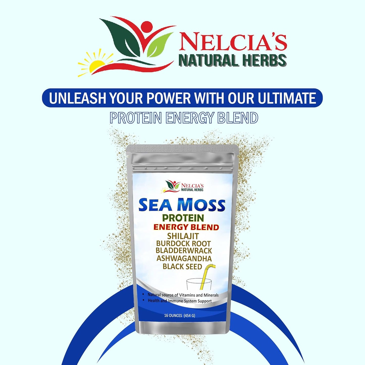 Organic Sea Moss Ashwagandha Protein Powder with Bladderwrack and Burdock Root, Black Seed, Shilajit - 16oz