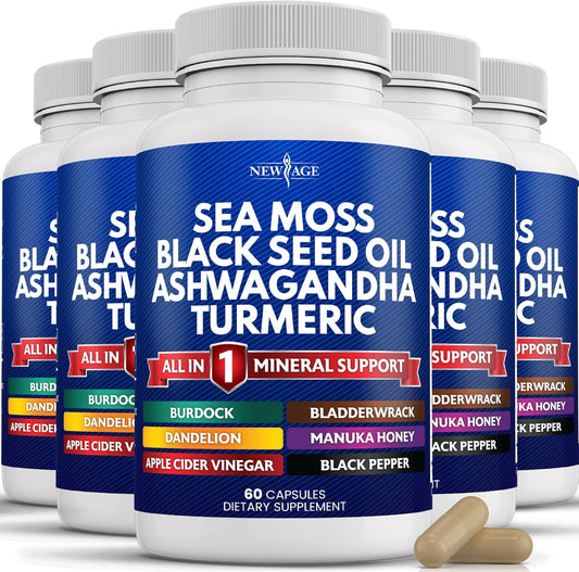 Organic Sea Moss Black Seed Oil Blend with Ashwagandha, Turmeric, Bladderwrack, Burdock - Featuring Manuka Honey, Dandelion, ACV, Black Pepper - Gluten Free