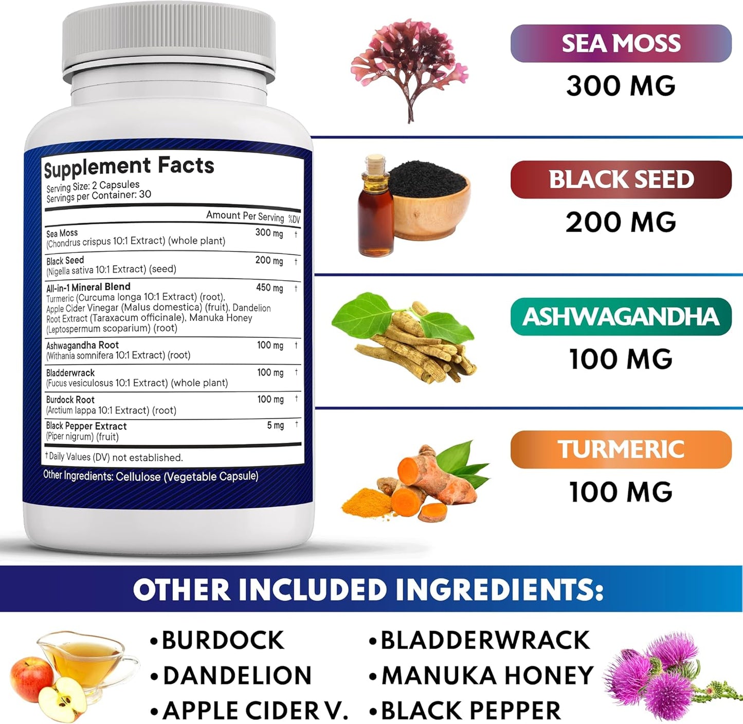 Organic Sea Moss Black Seed Oil Blend with Ashwagandha, Turmeric, Bladderwrack, Burdock - Featuring Manuka Honey, Dandelion, ACV, Black Pepper - Gluten Free