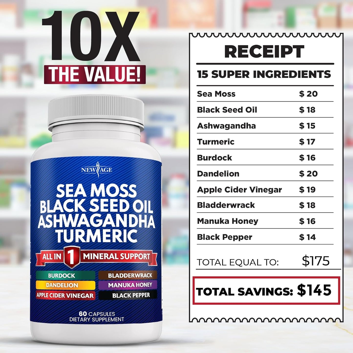 Organic Sea Moss Black Seed Oil Blend with Ashwagandha, Turmeric, Bladderwrack, Burdock - Featuring Manuka Honey, Dandelion, ACV, Black Pepper - Gluten Free