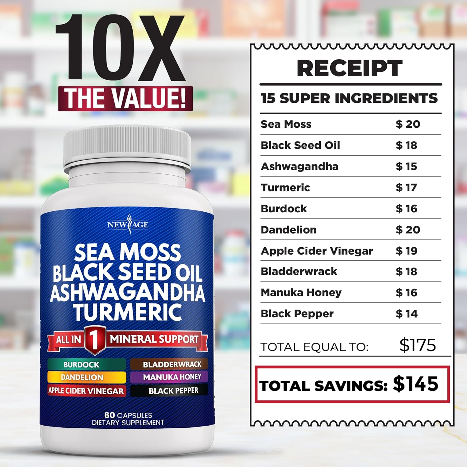 Organic Sea Moss Black Seed Oil Blend with Ashwagandha, Turmeric, Bladderwrack, Burdock - Featuring Manuka Honey, Dandelion, ACV, Black Pepper - Gluten Free