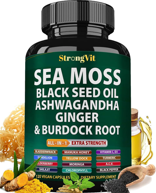 Organic Sea Moss Capsules with Black Seed Oil, Ashwagandha, Ginger, Burdock Root, Bladderwrack, Turmeric, Shilajit - Multimineral Supplement (120 Caps)