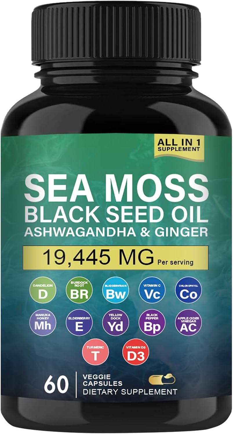 Organic Sea Moss Capsules with Black Seed Oil, Ashwagandha, Ginger, Burdock Root, Vitamin C, D3, Turmeric, Yellow Dock for Energy, Immune Support, Skin Health