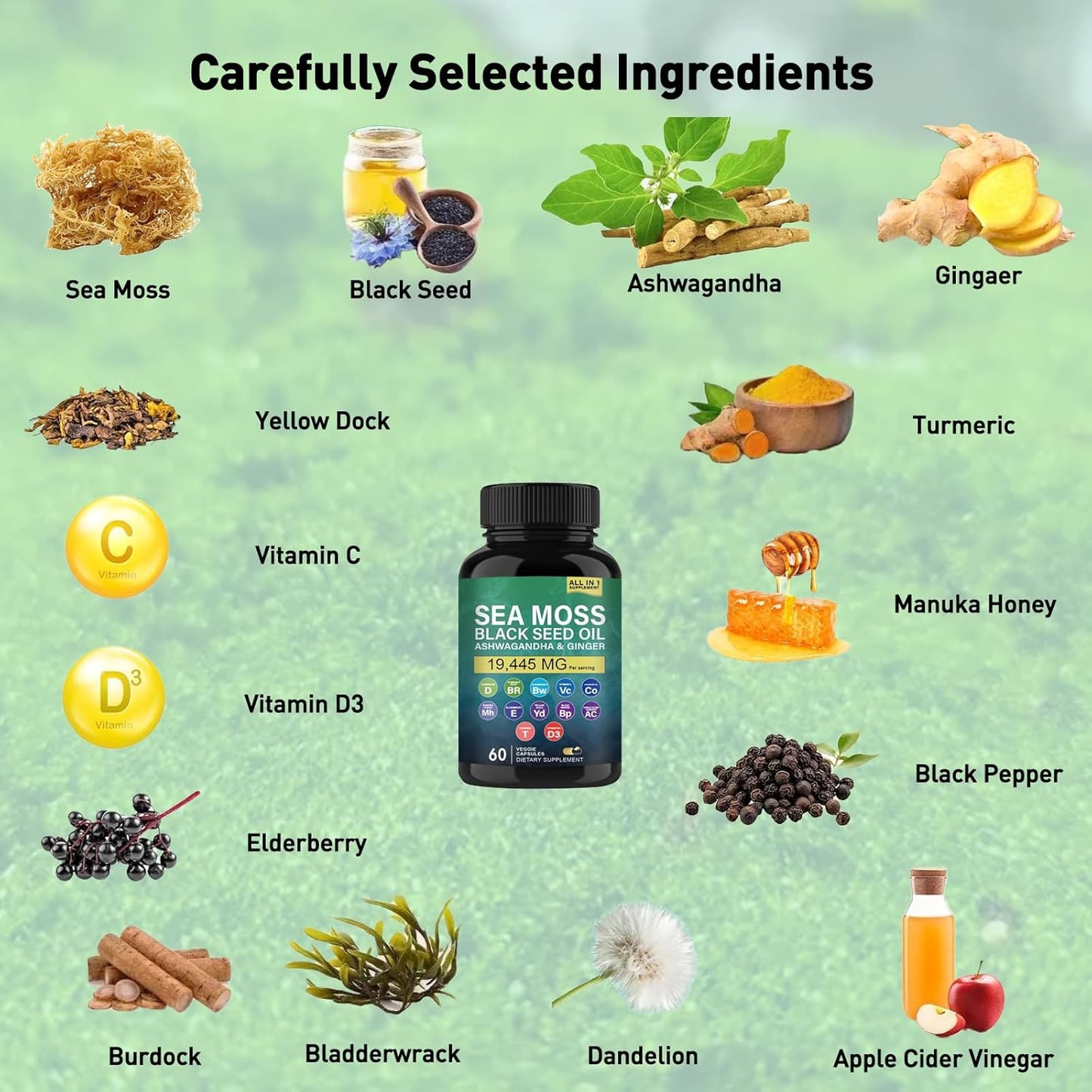 Organic Sea Moss Capsules with Black Seed Oil, Ashwagandha, Ginger, Burdock Root, Vitamin C, D3, Turmeric, Yellow Dock for Energy, Immune Support, Skin Health