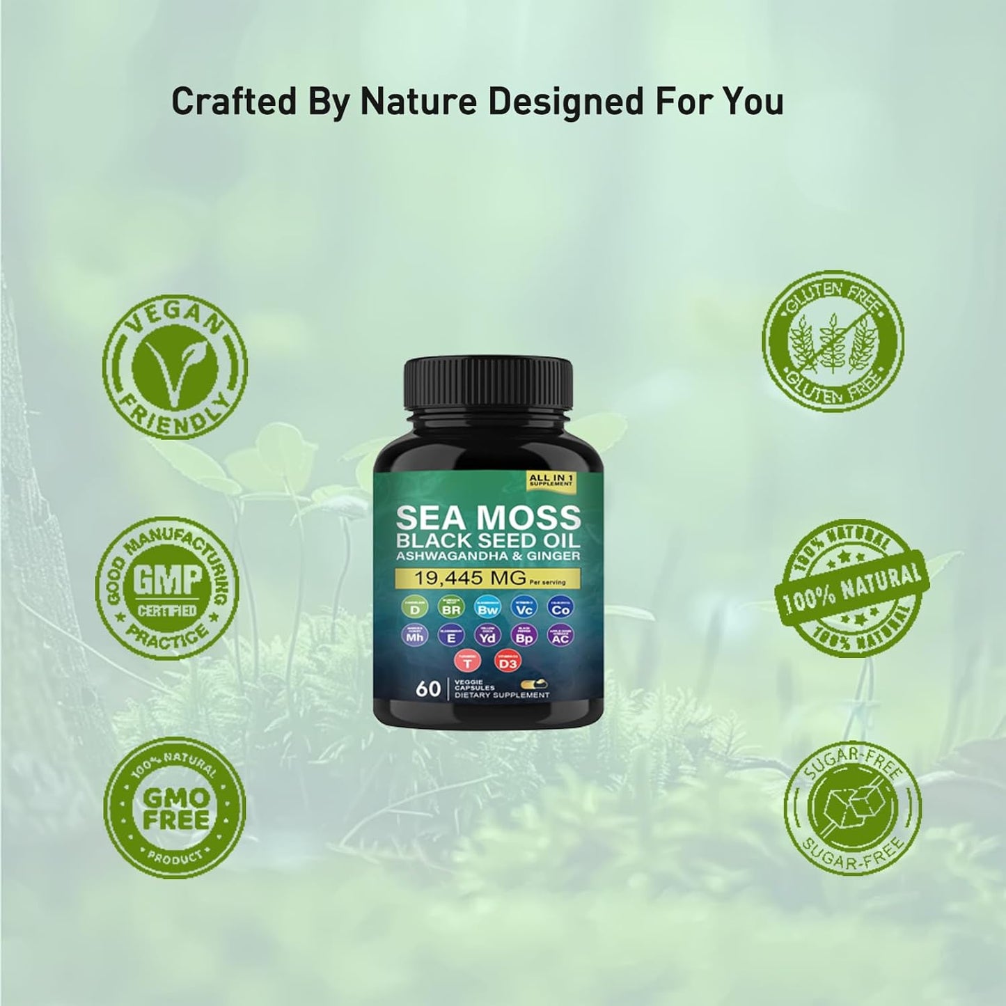 Organic Sea Moss Capsules with Black Seed Oil, Ashwagandha, Ginger, Burdock Root, Vitamin C, D3, Turmeric, Yellow Dock for Energy, Immune Support, Skin Health