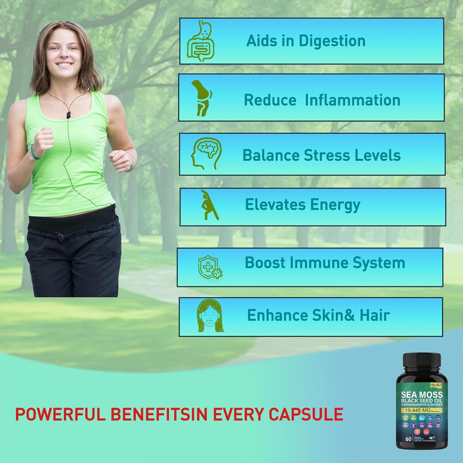 Organic Sea Moss Capsules with Black Seed Oil, Ashwagandha, Ginger, Burdock Root, Vitamin C, D3, Turmeric, Yellow Dock for Energy, Immune Support, Skin Health