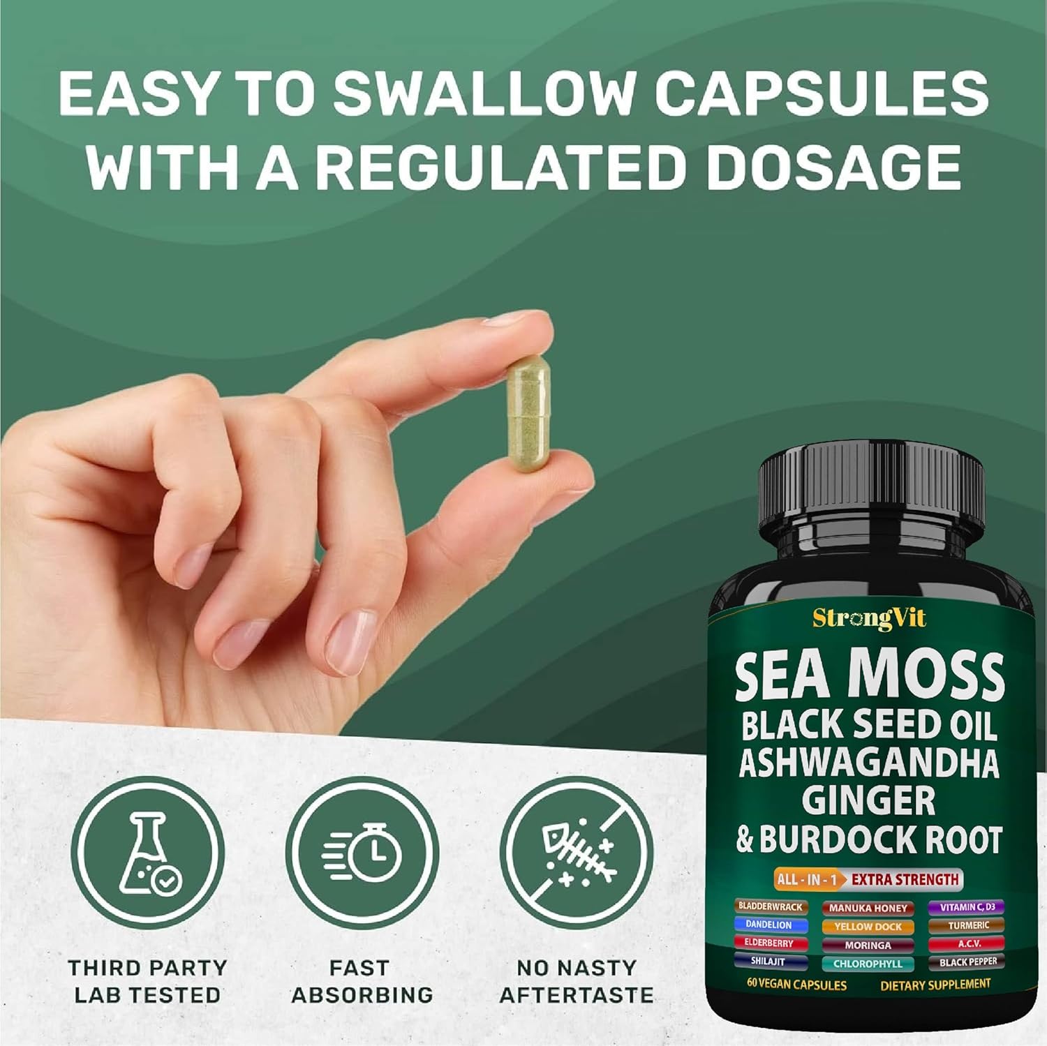 Organic Sea Moss Capsules with Black Seed Oil, Ashwagandha, Ginger, Burdock Root, Bladderwrack, Turmeric, Shilajit - Multimineral Supplement (120 Caps)