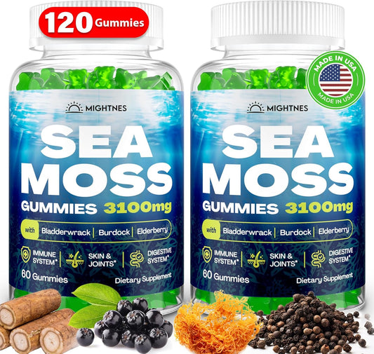 Organic Sea Moss Gummies for Women with Bladderwrack, Burdock Root, Elderberry, Vitamin C, and Zinc - 120 pcs, Immune Support & Detox Cleanse for Skin, Joints, Digestive Health