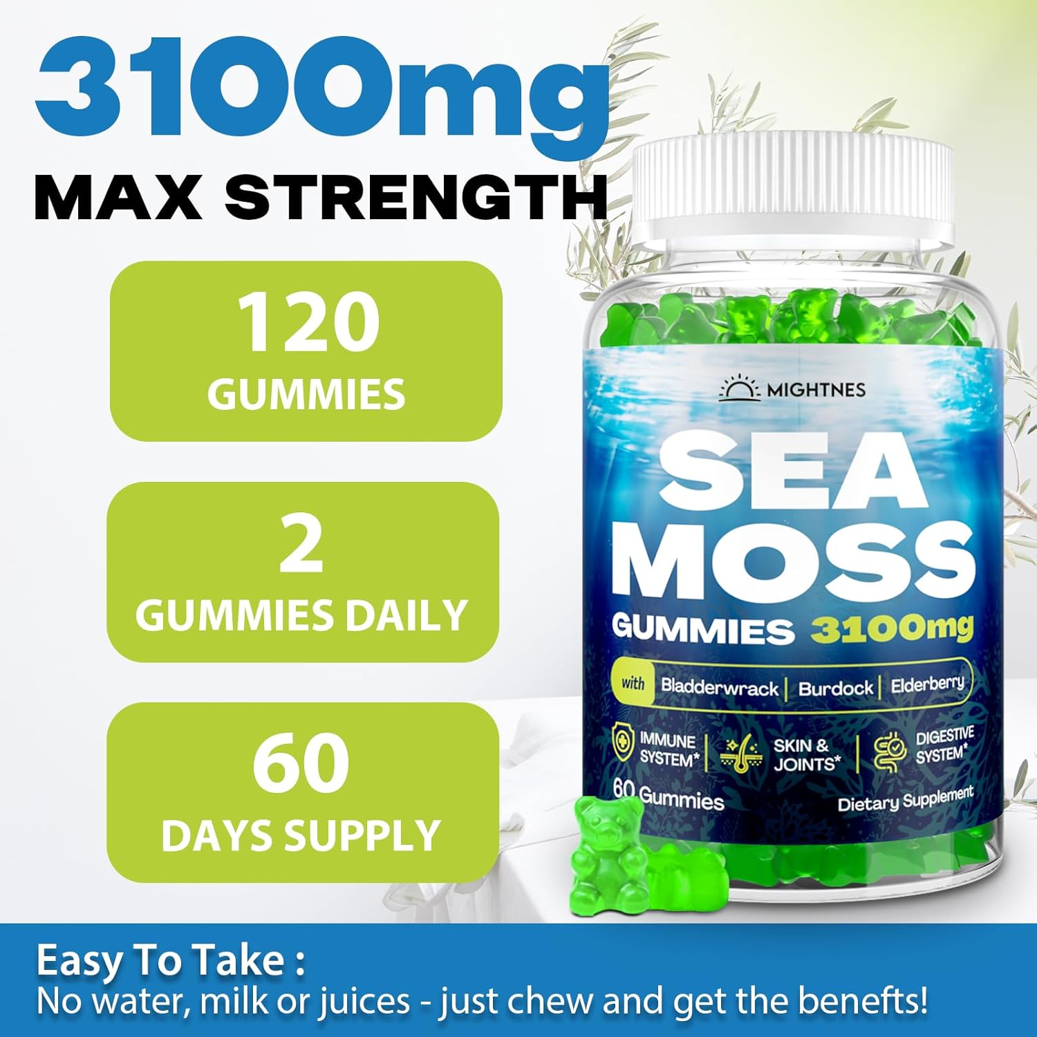 Organic Sea Moss Gummies for Women with Bladderwrack, Burdock Root, Elderberry, Vitamin C, and Zinc - 120 pcs, Immune Support & Detox Cleanse for Skin, Joints, Digestive Health