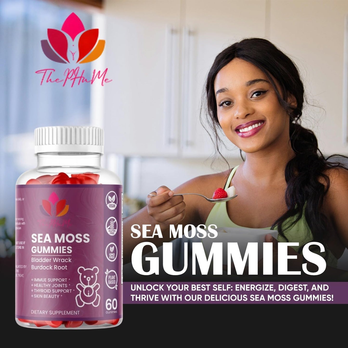 Organic Sea Moss Gummies with Bladderwrack & Burdock Root - Vegan Supplement for General Wellness - 60 Count by ThePHnMe