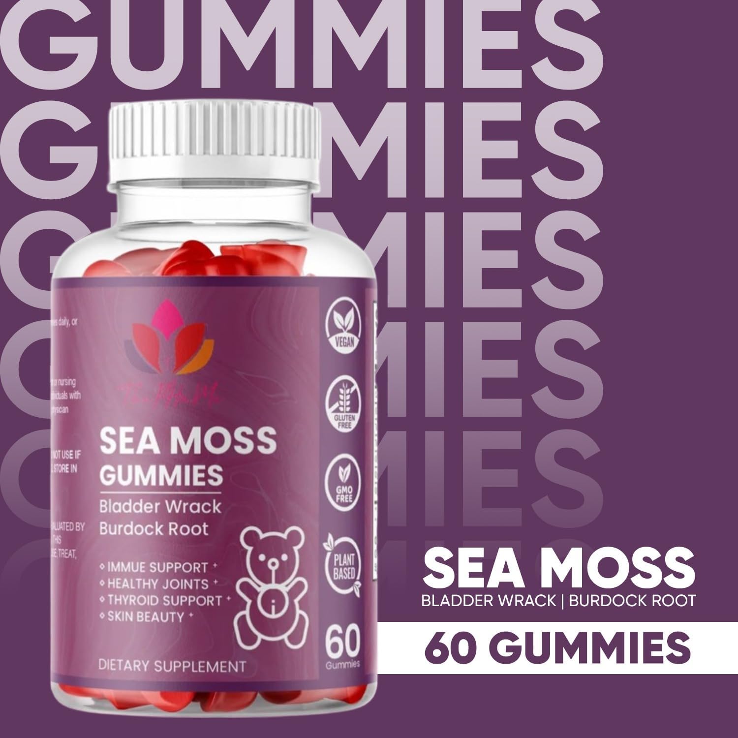 Organic Sea Moss Gummies with Bladderwrack & Burdock Root - Vegan Supplement for General Wellness - 60 Count by ThePHnMe