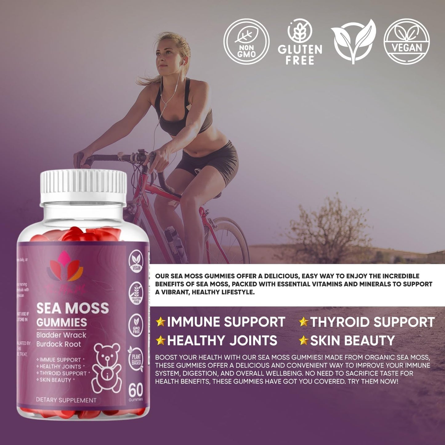 Organic Sea Moss Gummies with Bladderwrack & Burdock Root - Vegan Supplement for General Wellness - 60 Count by ThePHnMe