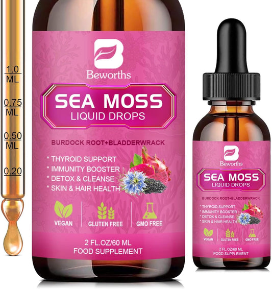 Organic Sea Moss Liquid Drops with Black Seed Oil, Burdock Root, Elderberry, Vitamin C & D3 - 6X Stronger Gel for Digestive & Hair Health - Vegan Formula
