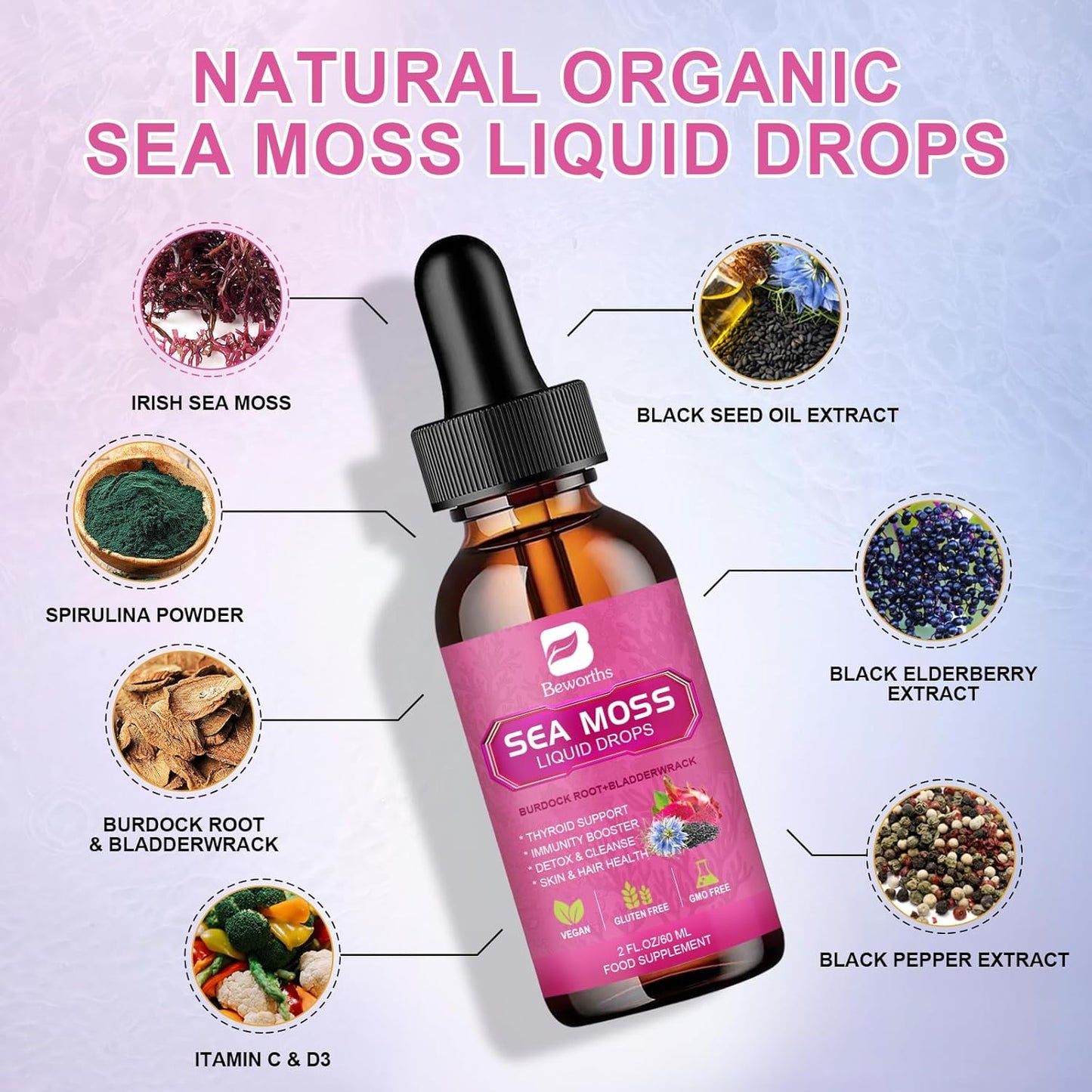 Organic Sea Moss Liquid Drops with Black Seed Oil, Burdock Root, Elderberry, Vitamin C & D3 - 6X Stronger Gel for Digestive & Hair Health - Vegan Formula