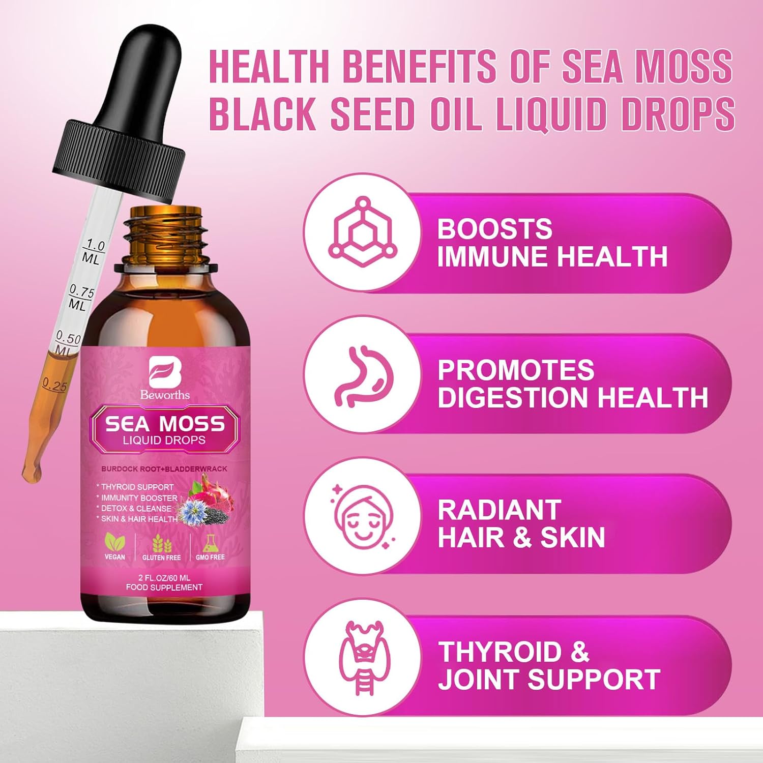 Organic Sea Moss Liquid Drops with Black Seed Oil, Burdock Root, Elderberry, Vitamin C & D3 - 6X Stronger Gel for Digestive & Hair Health - Vegan Formula
