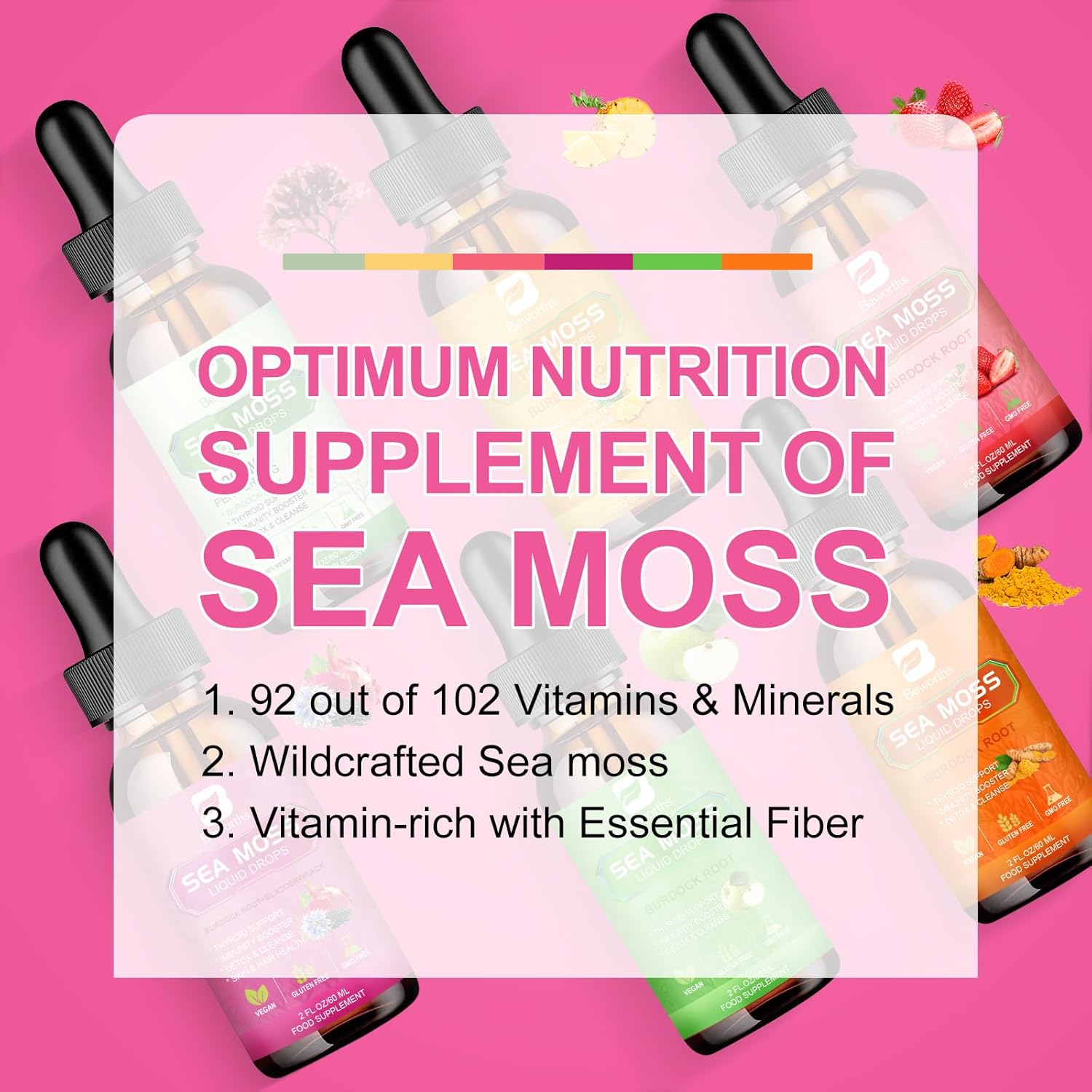 Organic Sea Moss Liquid Drops with Black Seed Oil, Burdock Root, Elderberry, Vitamin C & D3 - 6X Stronger Gel for Digestive & Hair Health - Vegan Formula