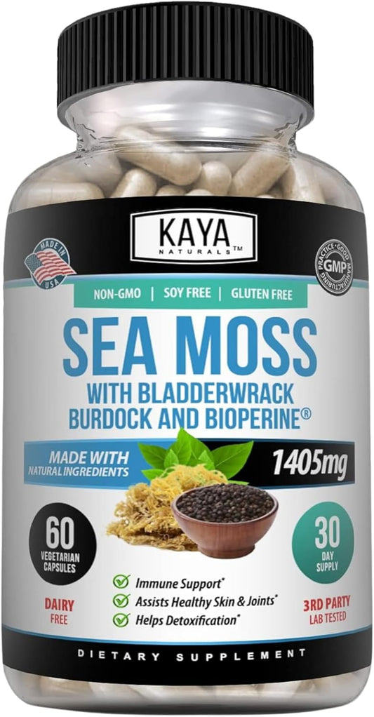 Organic Sea Moss Mobility Supplement with Burdock Root and Bladderwrack - Immune Boost for Men and Women - 60 Capsules